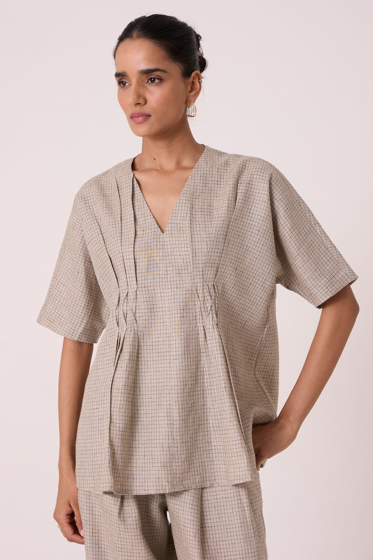Chekku Beige Checkered Linen Top