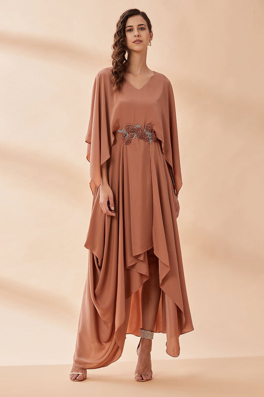 Golden Nude Asymmetrical Drape Maxi Dress with Cape Sleeves