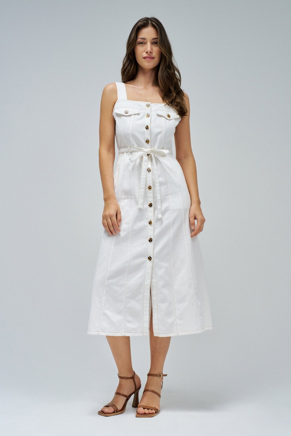 Pearl White Button-Front Belted Midi Dress