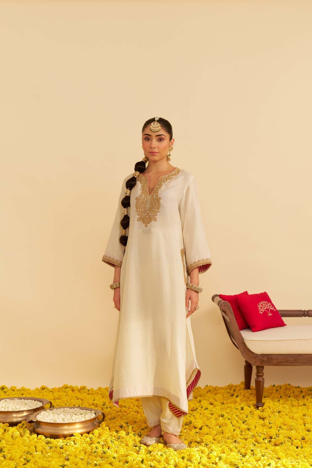 Daisy Ivory Upada Silk Embroidered Long Kaftan