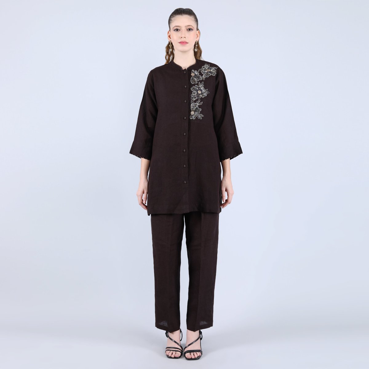 Brown Linen Tunic and Trouser Co-ord Set with Embroidery