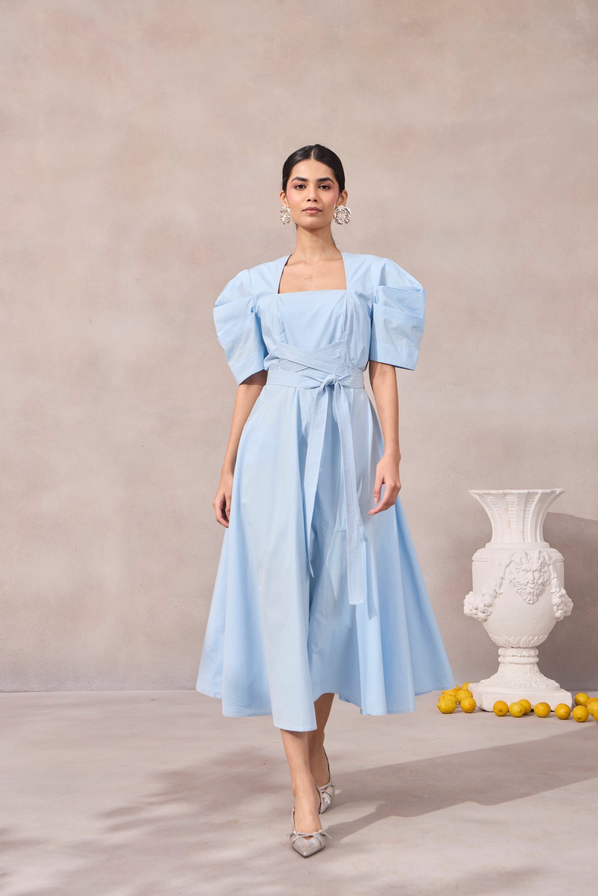 Frost Blue Square Neck Fit and Flare Midi Dress