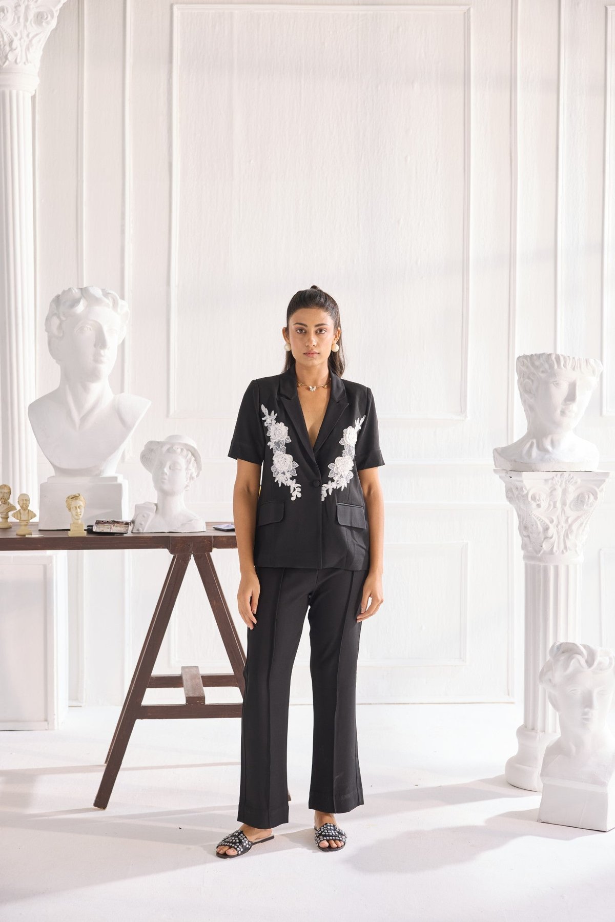 Black Crepe Blazer and Pants Co-ord Set with Lace Applique
