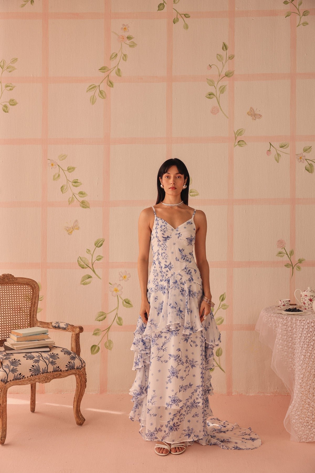 White and Blue Floral Ruffle Maxi Dress