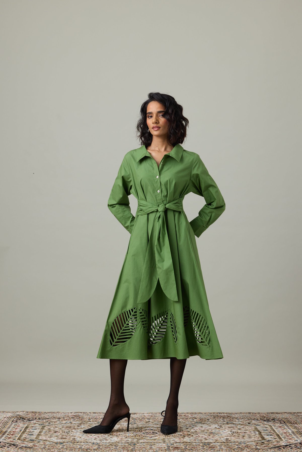 Moss Green Cotton Poplin Shirt Dress with Cutwork Hem