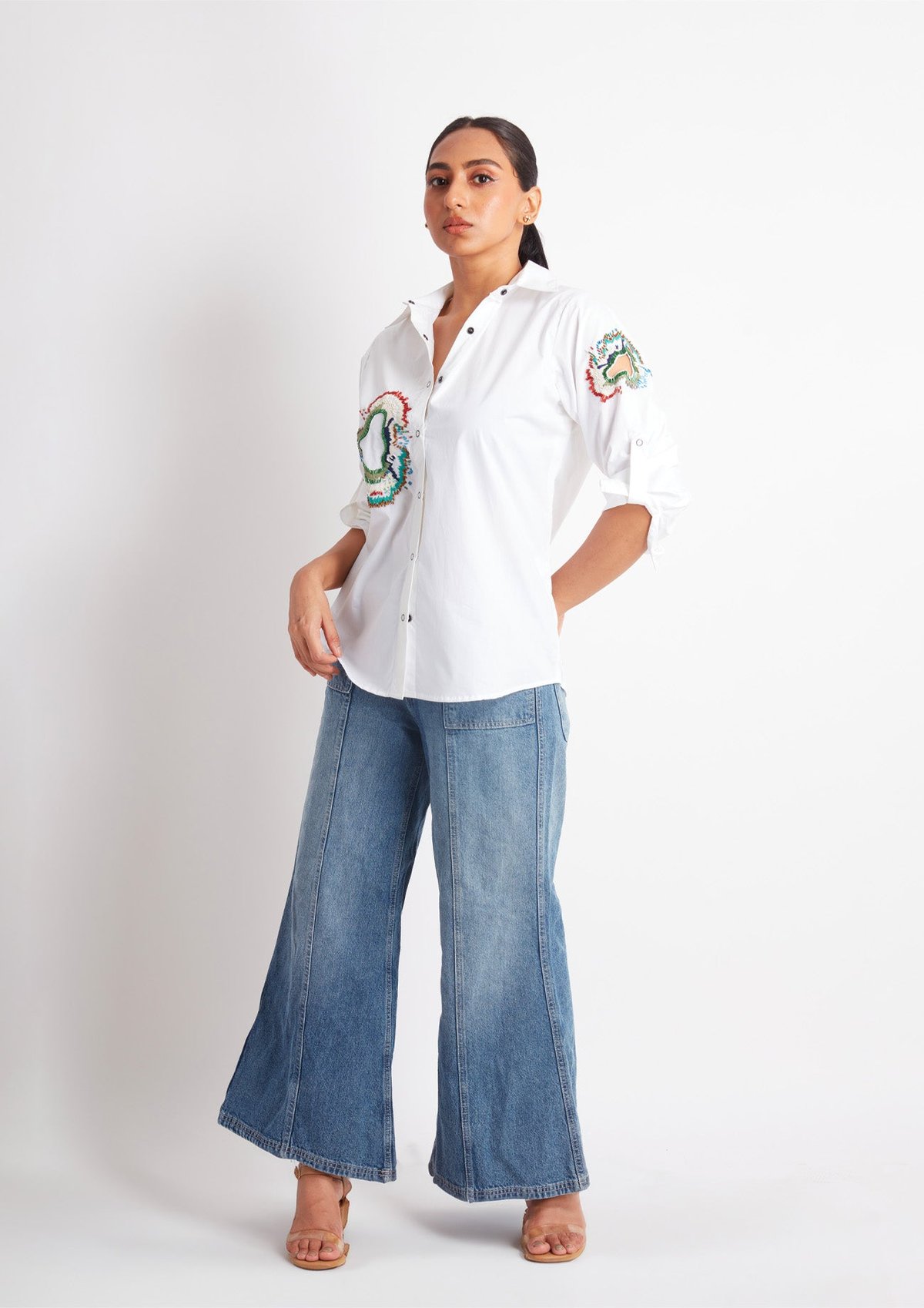 White Comfort Fit Cotton Button Shirt with Embroidery