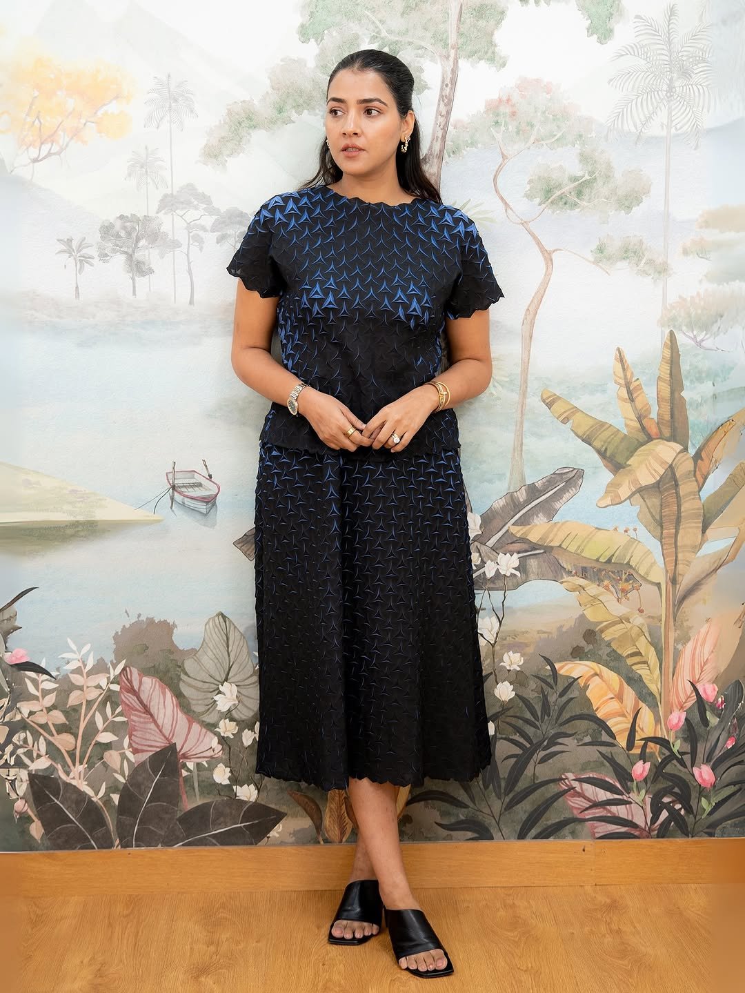 Blue Black Chevron 3D Pleated Top and Midi Skirt Set