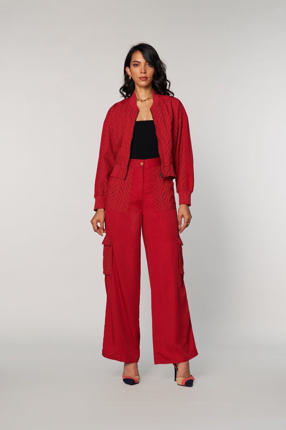 Rust Schiffli Cutwork Cropped Bomber Jacket