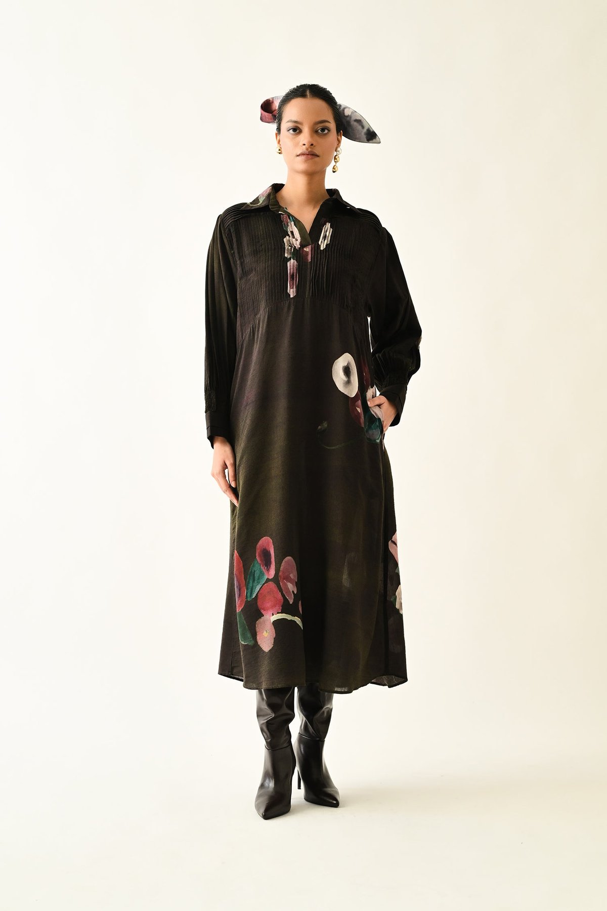 Brown Abstract Floral A-Line Midi Shirt Dress