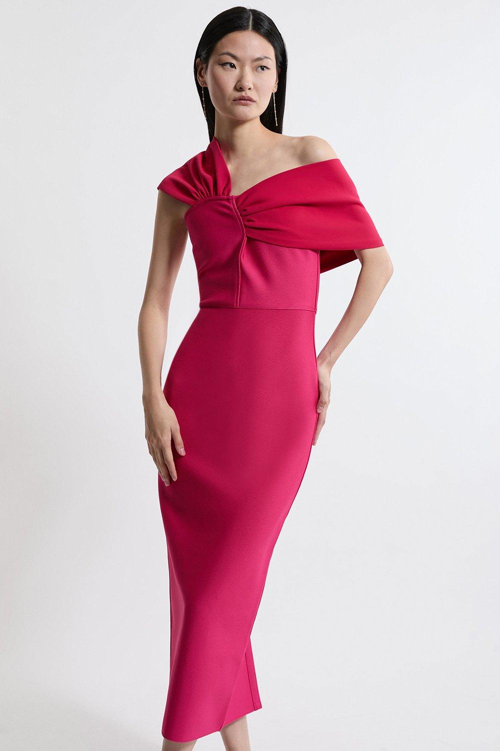 Pink One-Shoulder Bandage Knit Bodycon Midi Dress
