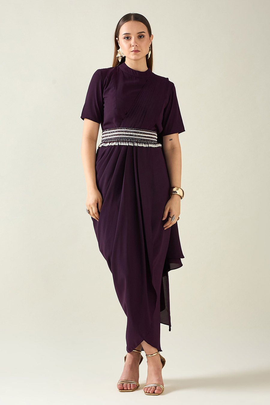 Purple Maxi Saree-Drape Dress with Embellished Belt