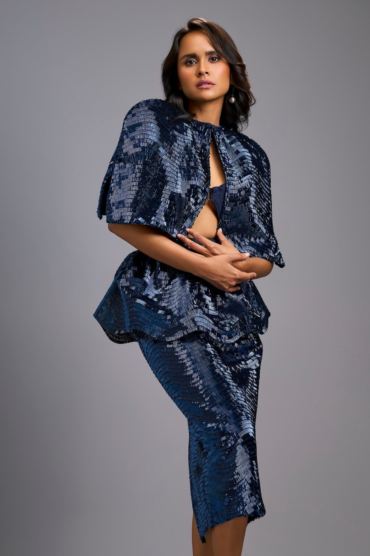 Shimmer Co-Ord Set With Cape & Midi Skirt
