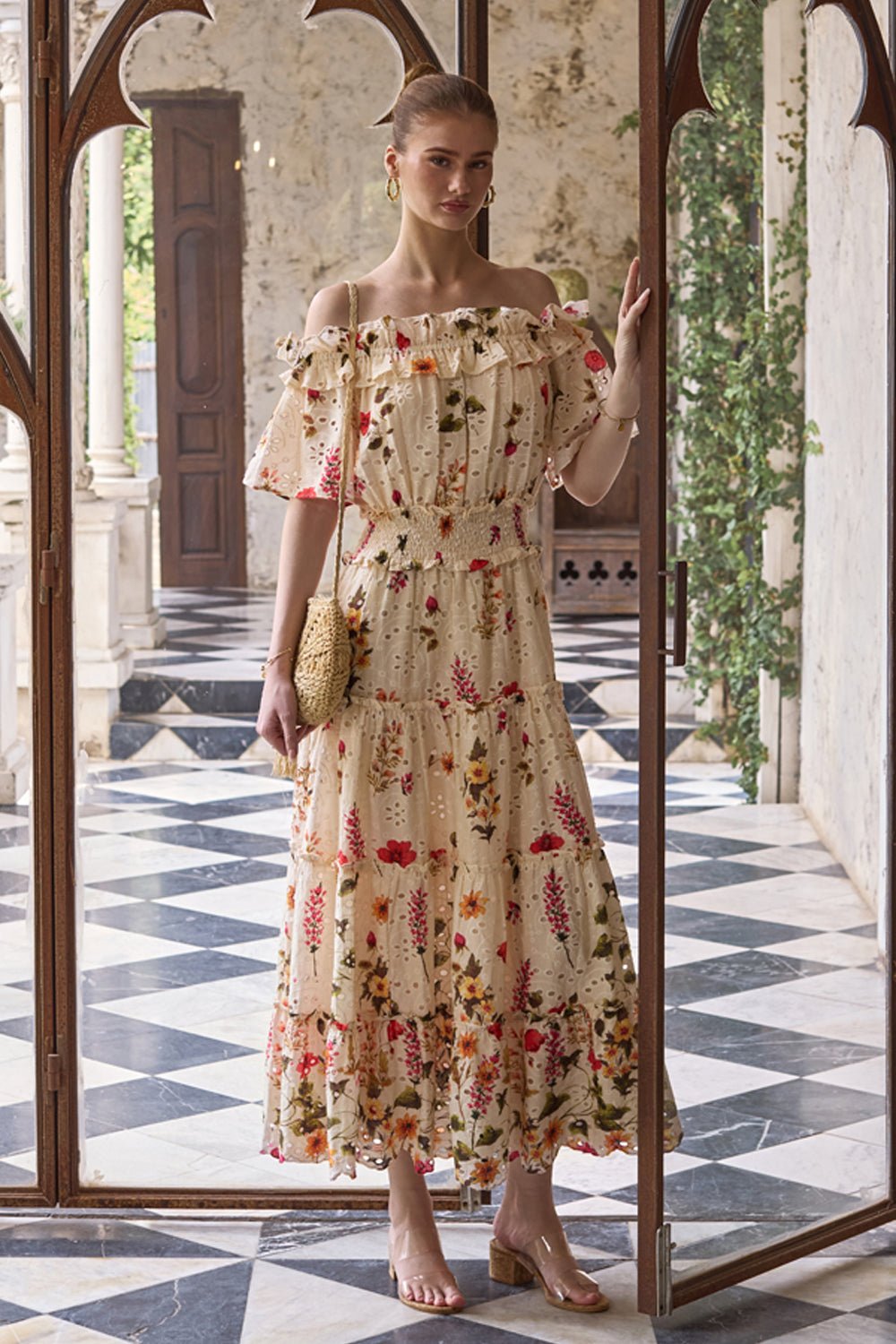 Beige Floral Off-Shoulder Broderie Maxi Dress