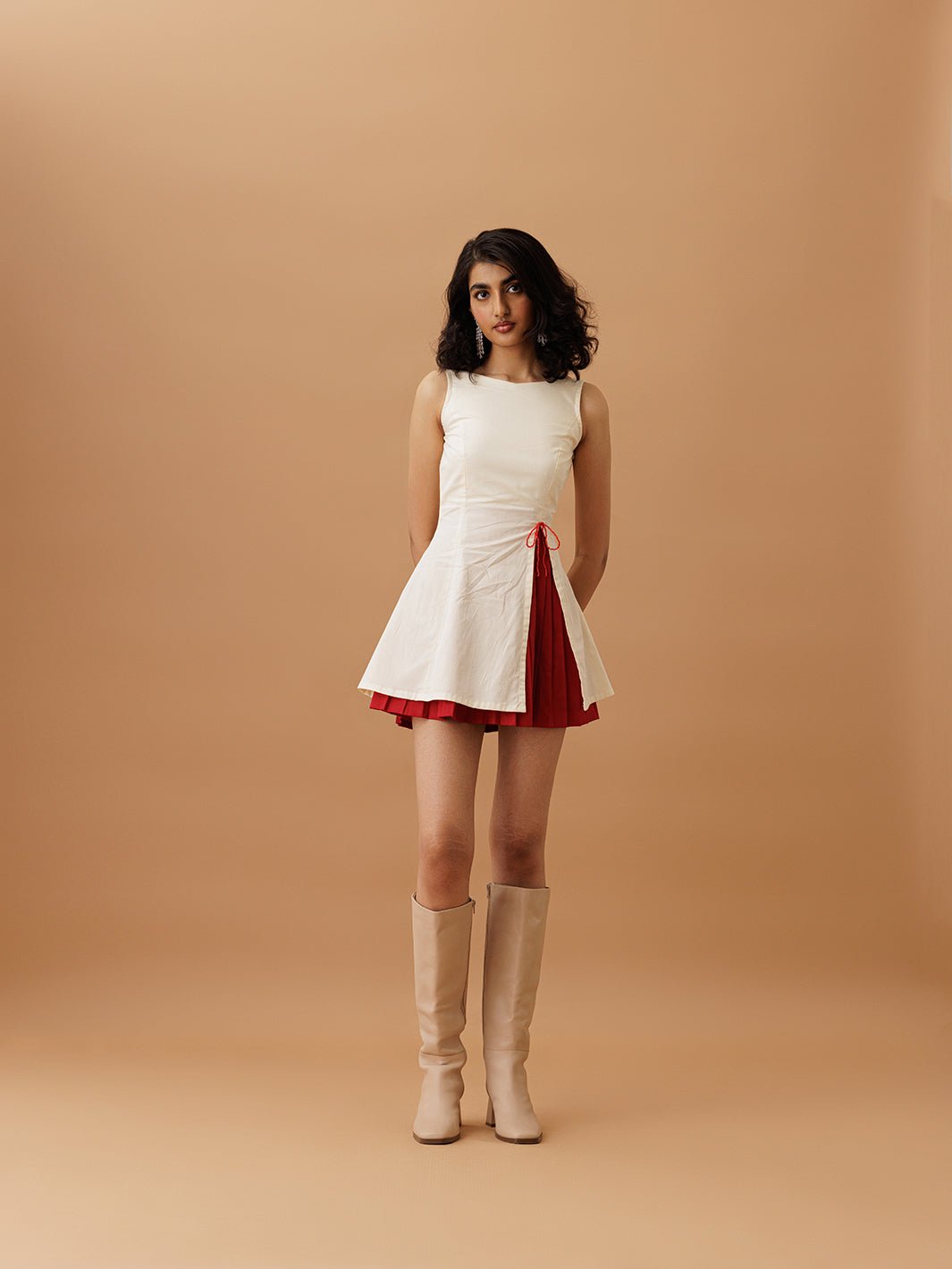 Off-White and Red Colorblock Fit and Flare Mini Dress