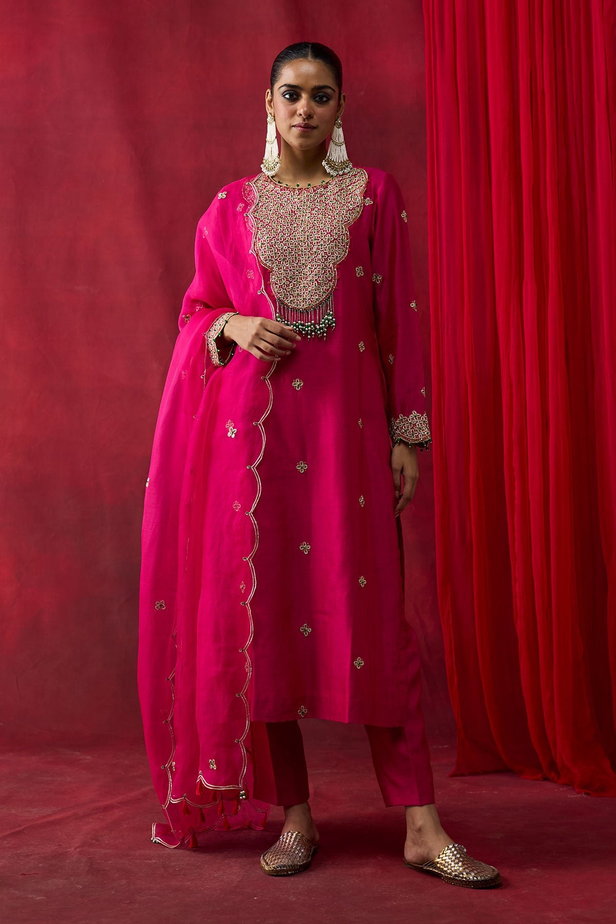 Pink Silk Chanderi Embroidered Straight Kurta Set