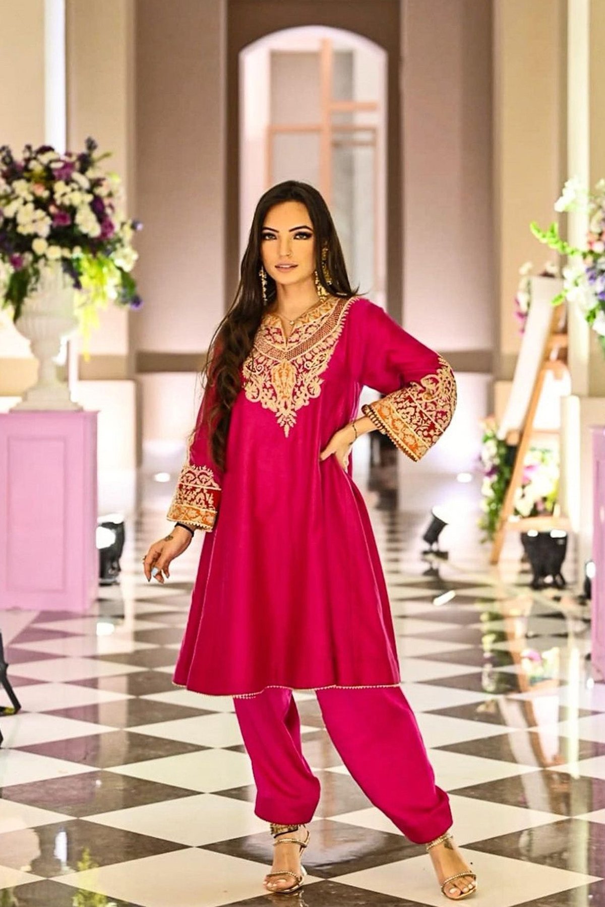 Hot Pink Kalidaar Choga Kurta Set with Salwar