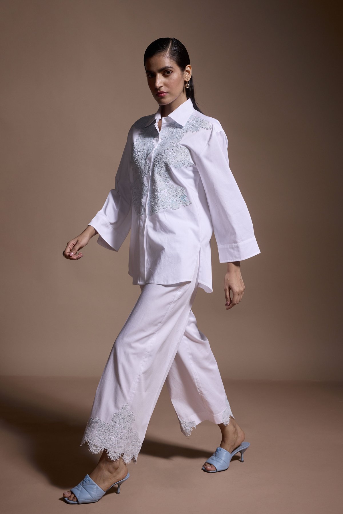 White Wide-Leg Cotton Trousers with Lace Hem