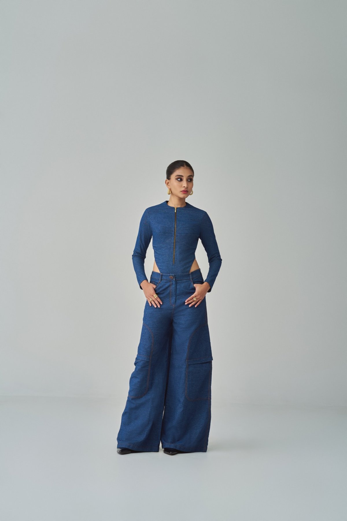 Blue Denim Zip-Front Wide-Leg Jumpsuit