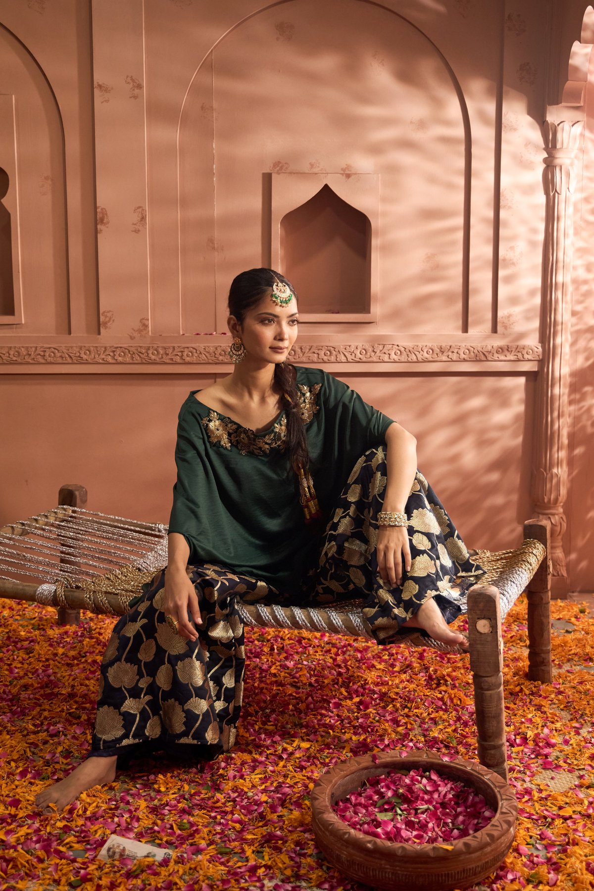 Green Embroidered Kaftan and Flared Pants Co-ord Set