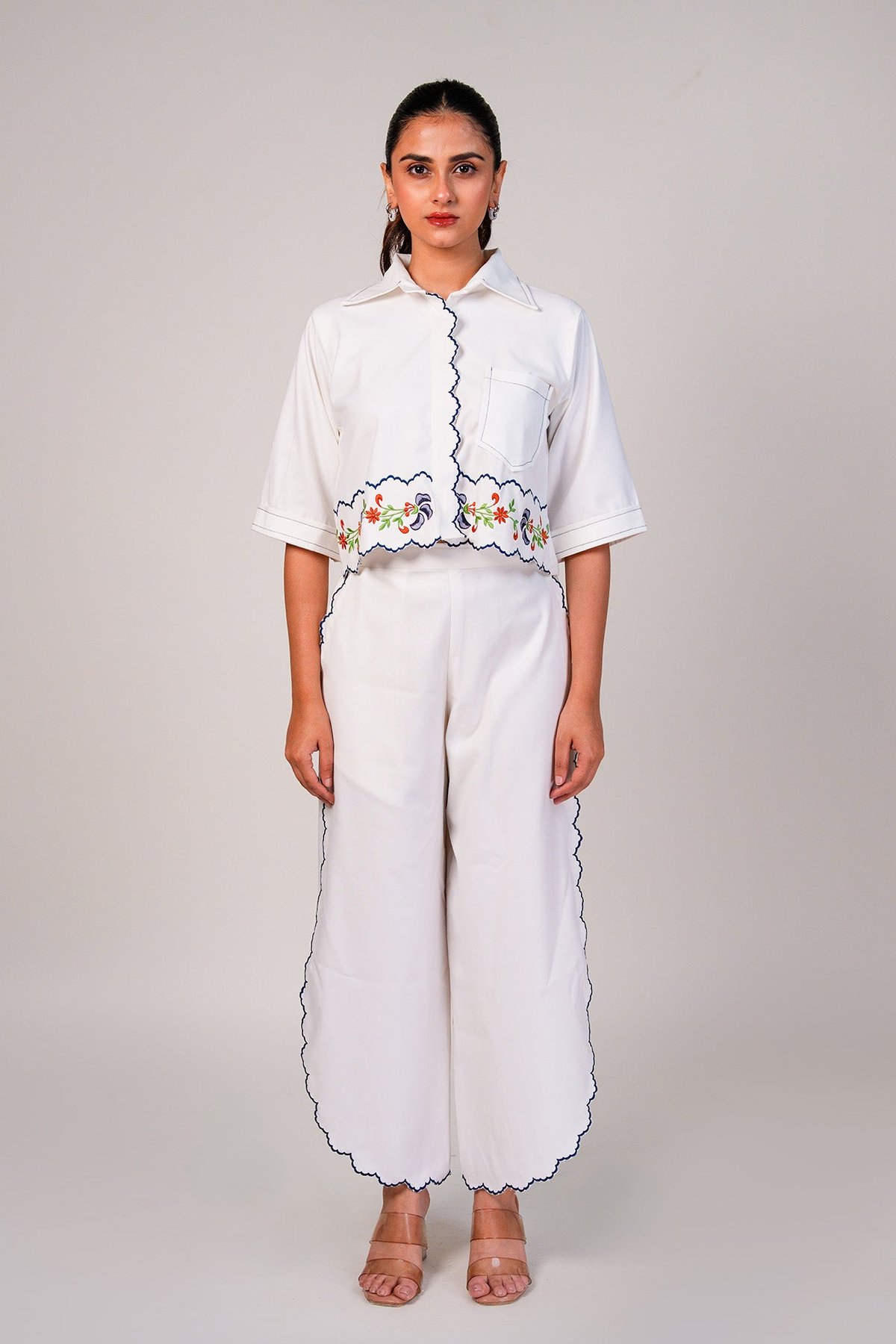Ivory Scallop-Trim Shirt and Wide-Leg Pants Co-ord Set