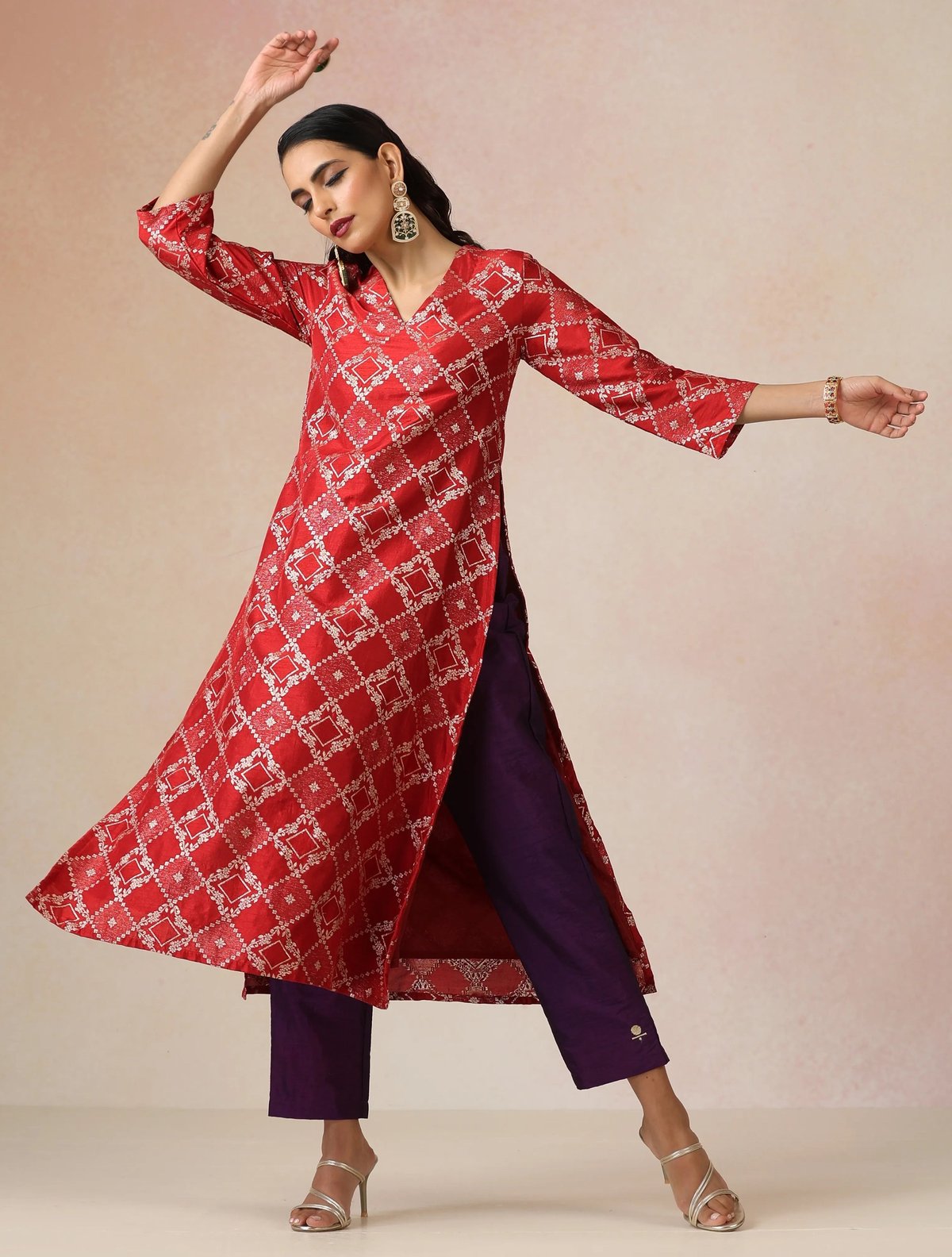 Red Brocade Straight Kurta Set with High Side Slit