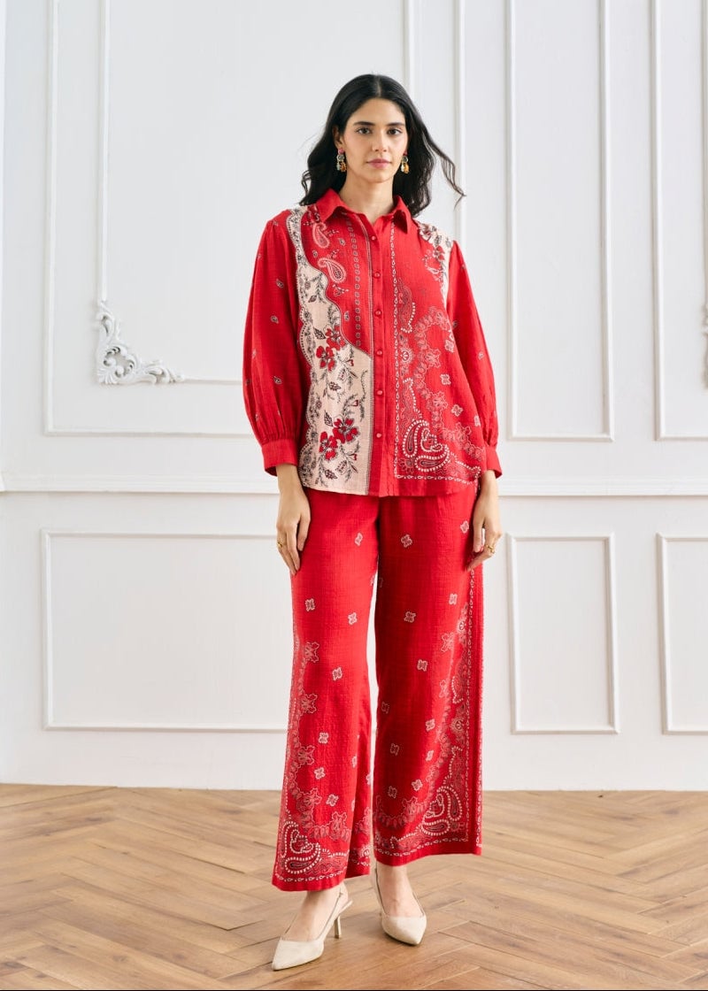Red Paisley Printed Wide-Leg Trousers