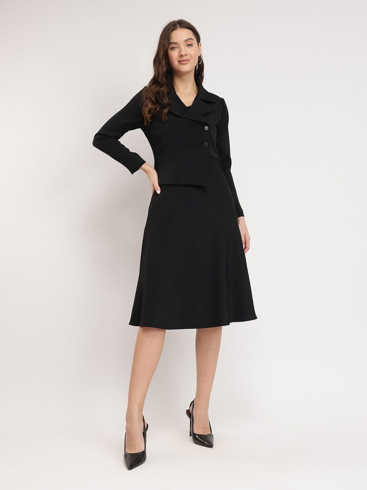 Black A-Line Jacket Midi Dress with Lapel Collar
