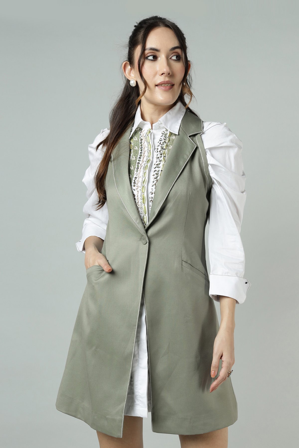 White and Olive Embellished Blazer Dress
