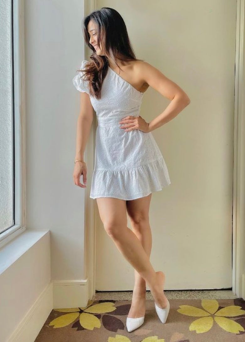 White One-Shoulder Eyelet Mini Dress with Puff Sleeve