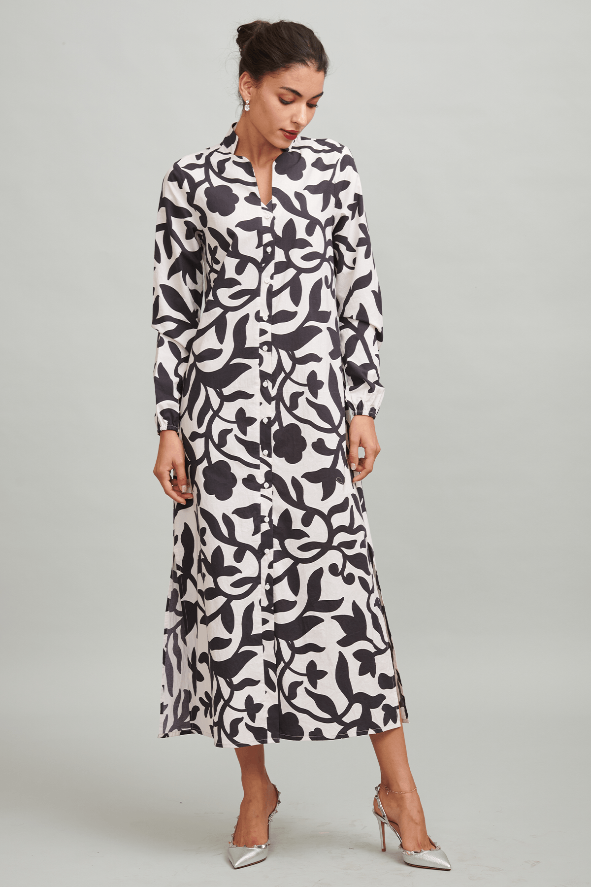 Black/White Vine Print Cotton Poplin Midi Shirt Dress