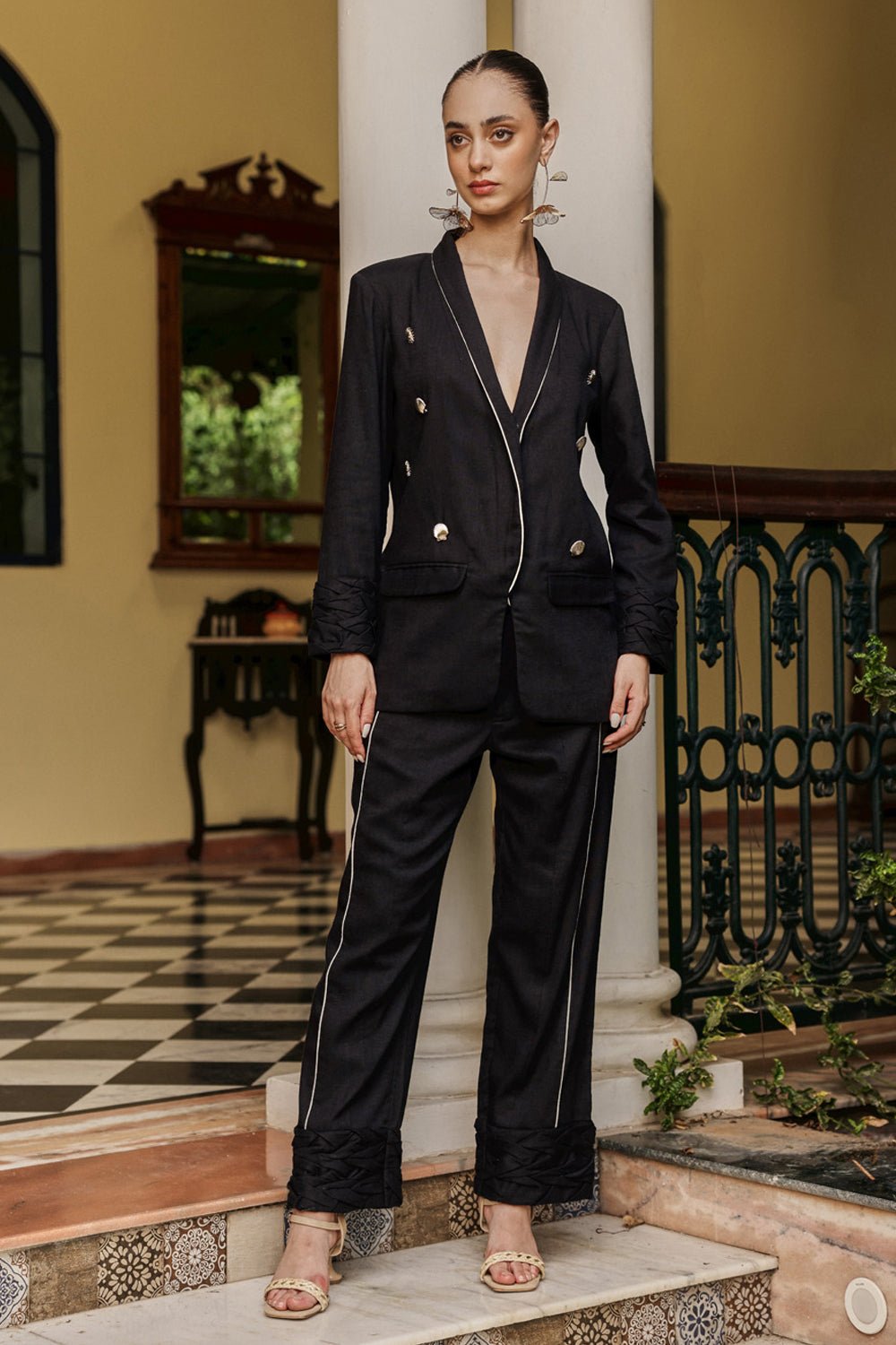 Black Linen Blazer and Wide-Leg Pants Co-ord Set