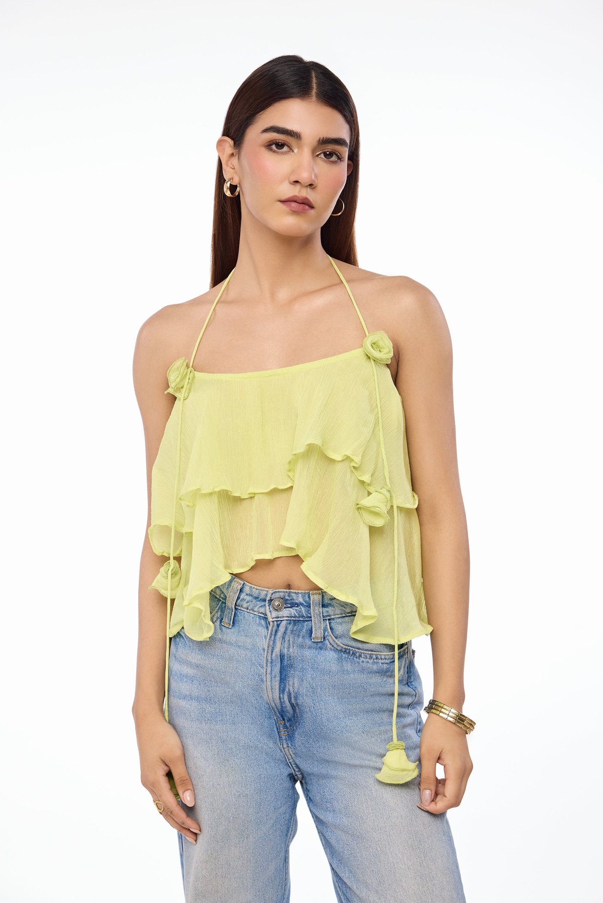 Green Crinkle Tiered Halter Crop Top