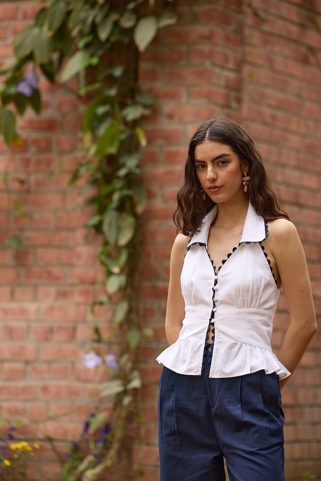 White Collared Peplum Top with Navy Scallop Trim