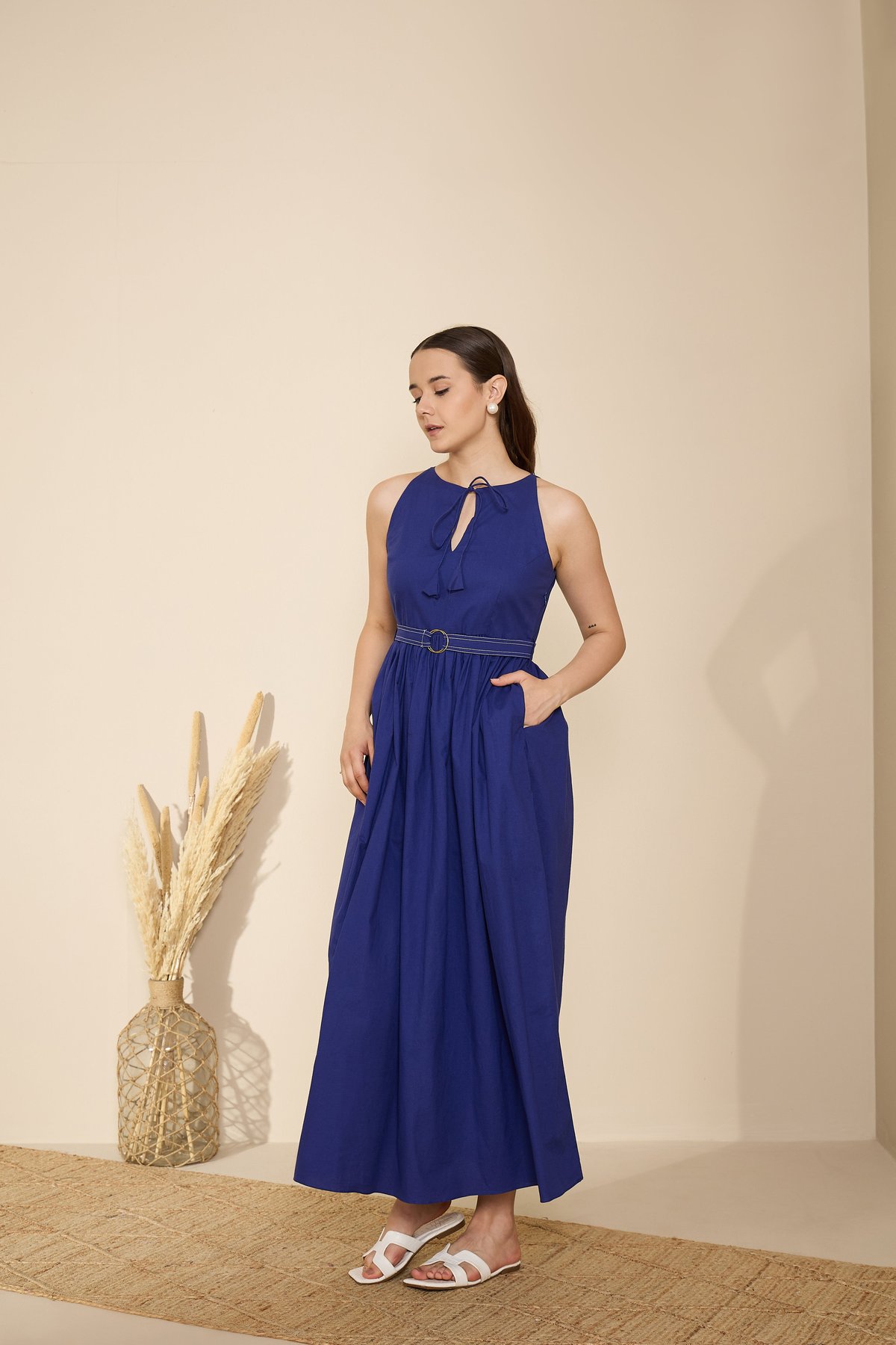 Aqua Blue Cotton Poplin Fit and Flare Midi Dress