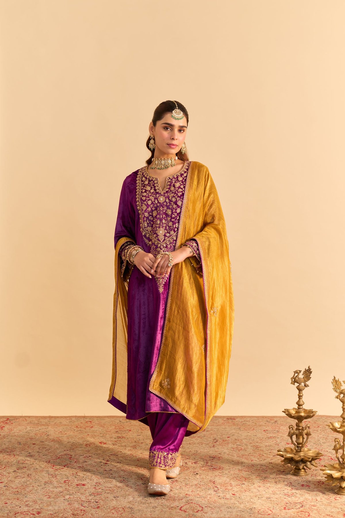 Deep Purple Silk Velvet Embroidered Straight Kurta Set