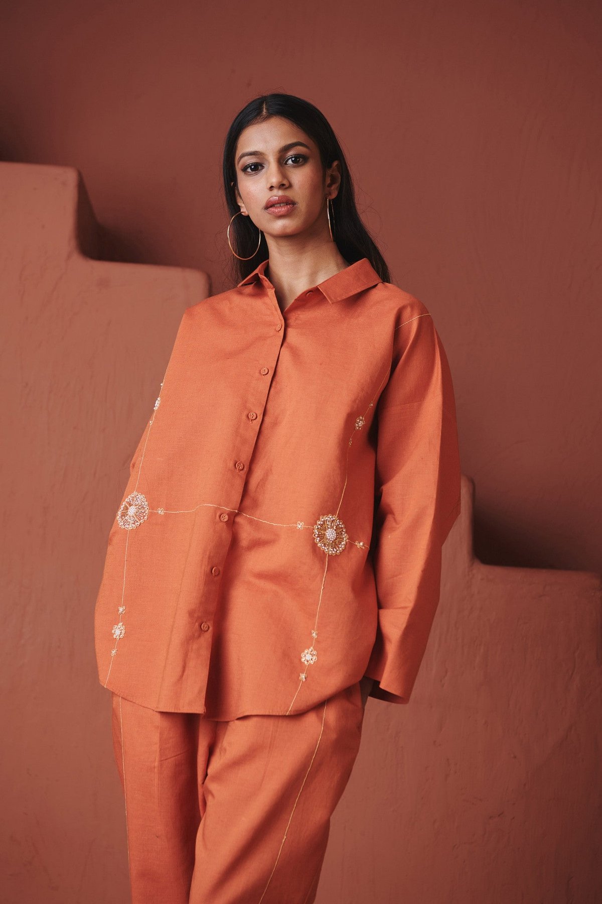 Orange Co-Linen Oversized Flared Shirt with Zari Motifs