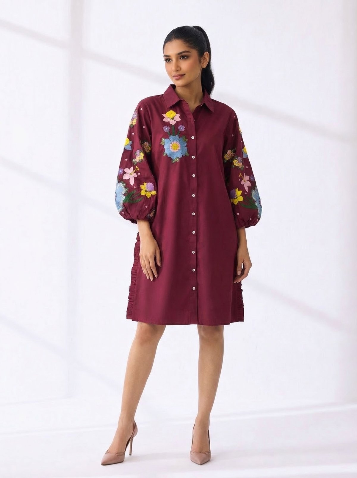 Red Floral Applique Shirt Dress
