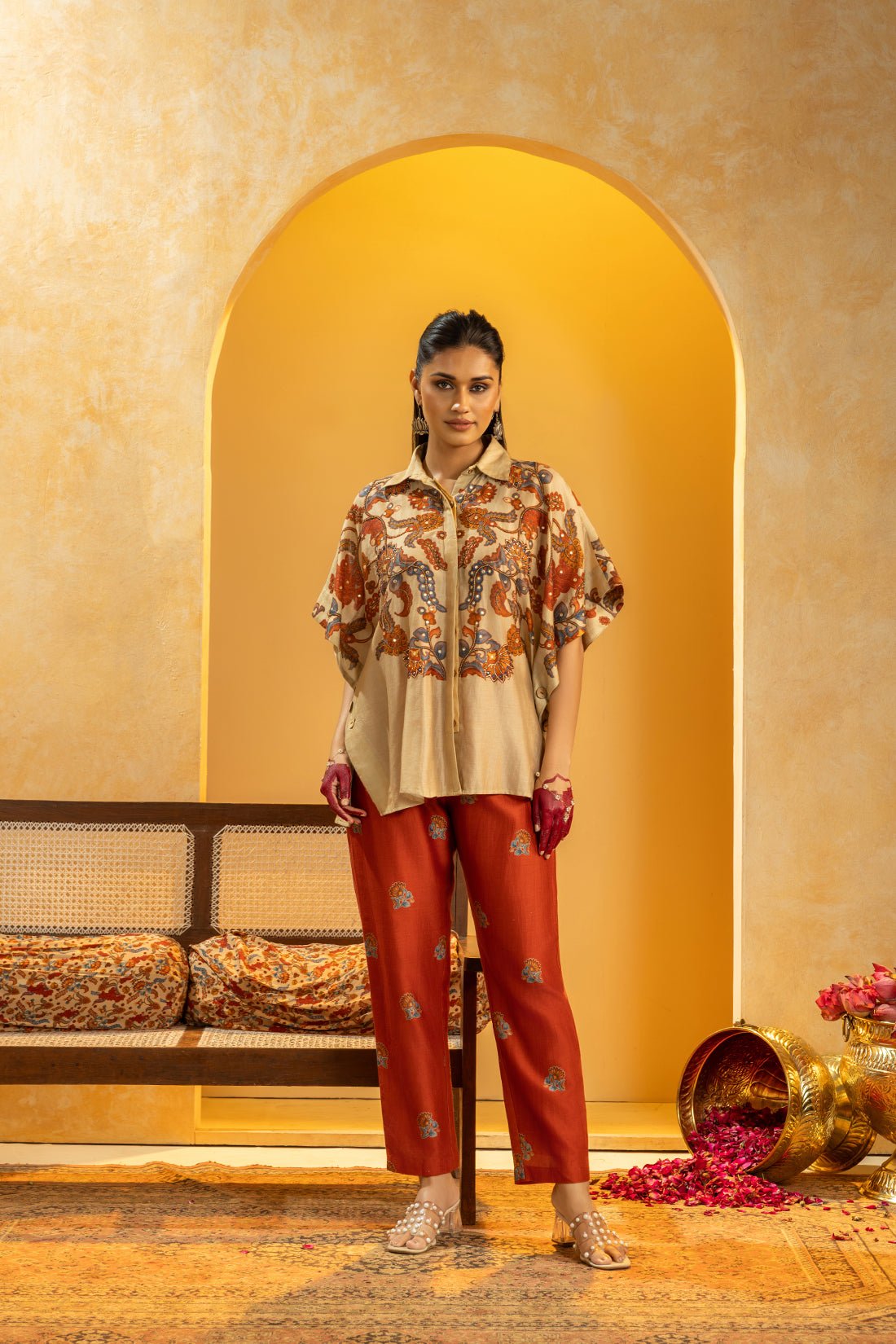Embellished Shirt and Printed Pants Chanderi Co-ord Set