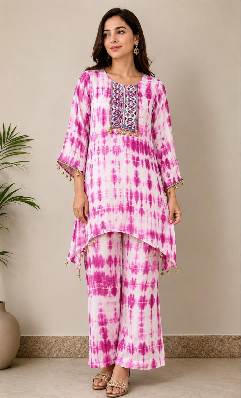 Tie & Dye wine colour Gota and Thread work on pure modal satin accessorize with Gota Hangings with palazzo pants