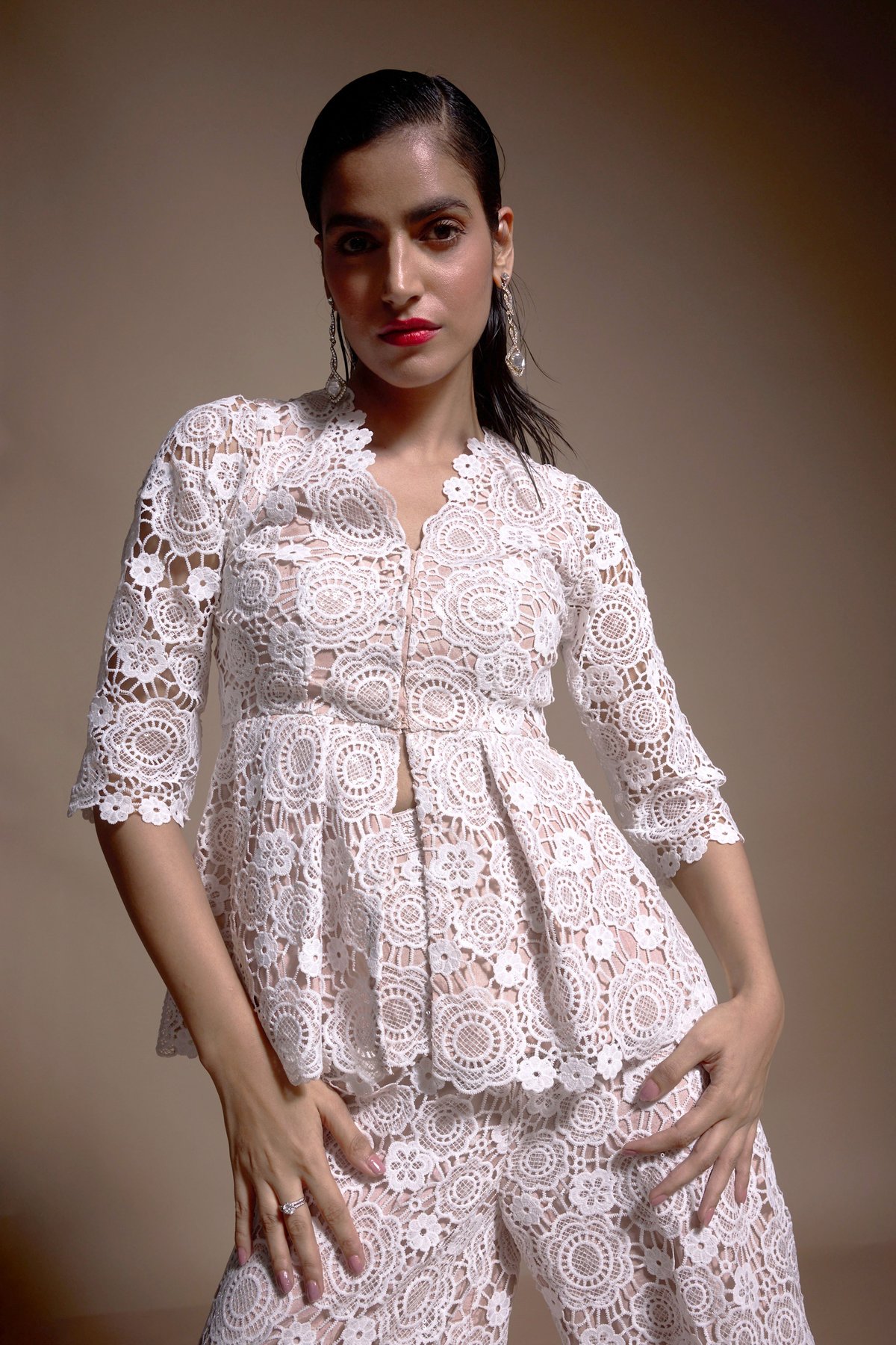 Ivory Lace Peplum Top with Sequin Applique