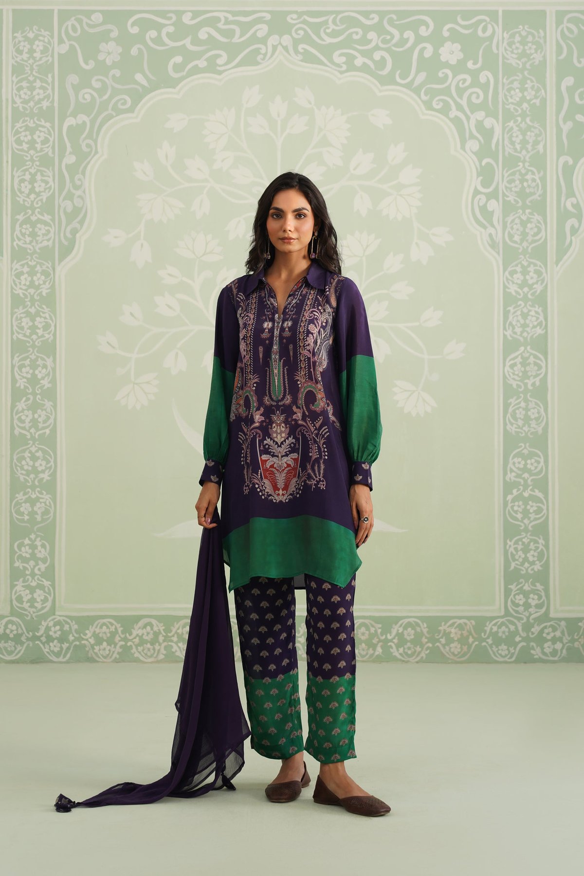 Purple and Green Printed Bemberg Crepe Kurta Set