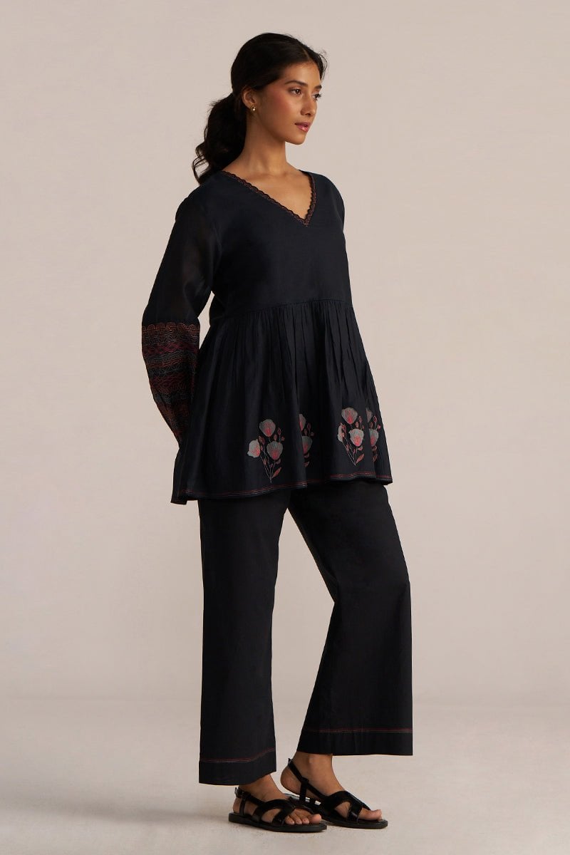 Black Embroidered A-Line Top and Wide Leg Pants Co-ord Set
