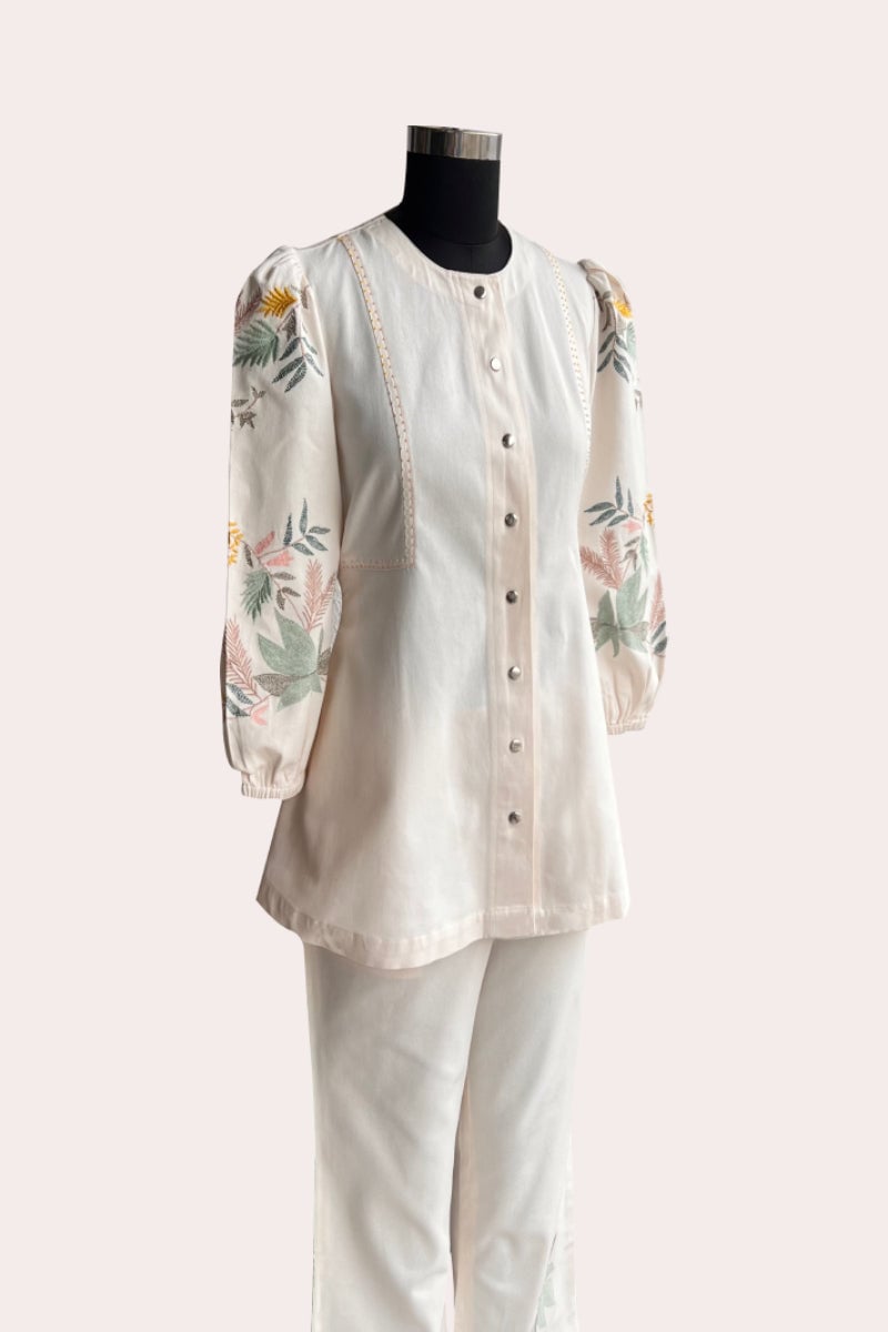Off White Embroidered Sleeve Shirt and Pants Co-ord Set