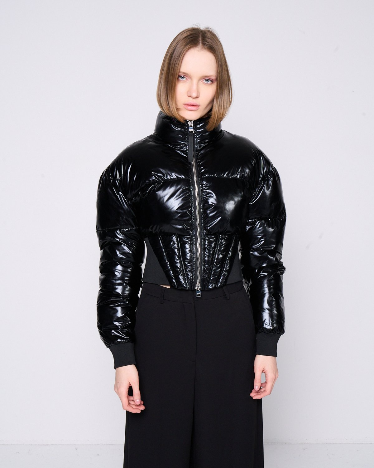 Black Cropped Glossy Puffer Jacket with Corset Waist