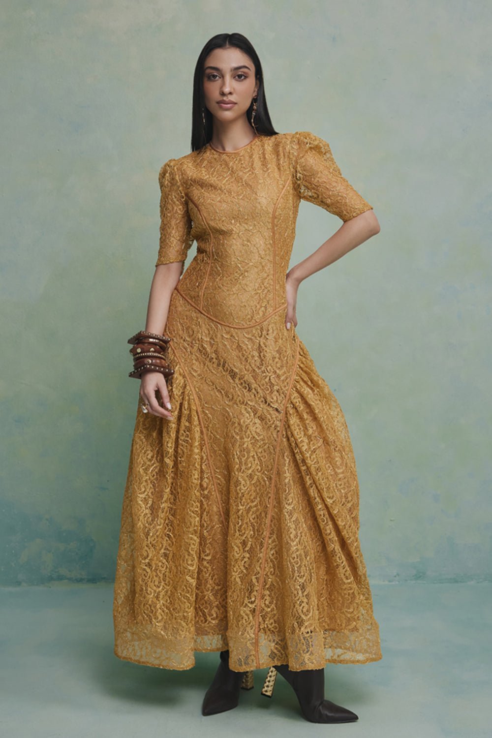 Yellow Chantilly Lace Basque-Waist Maxi Dress