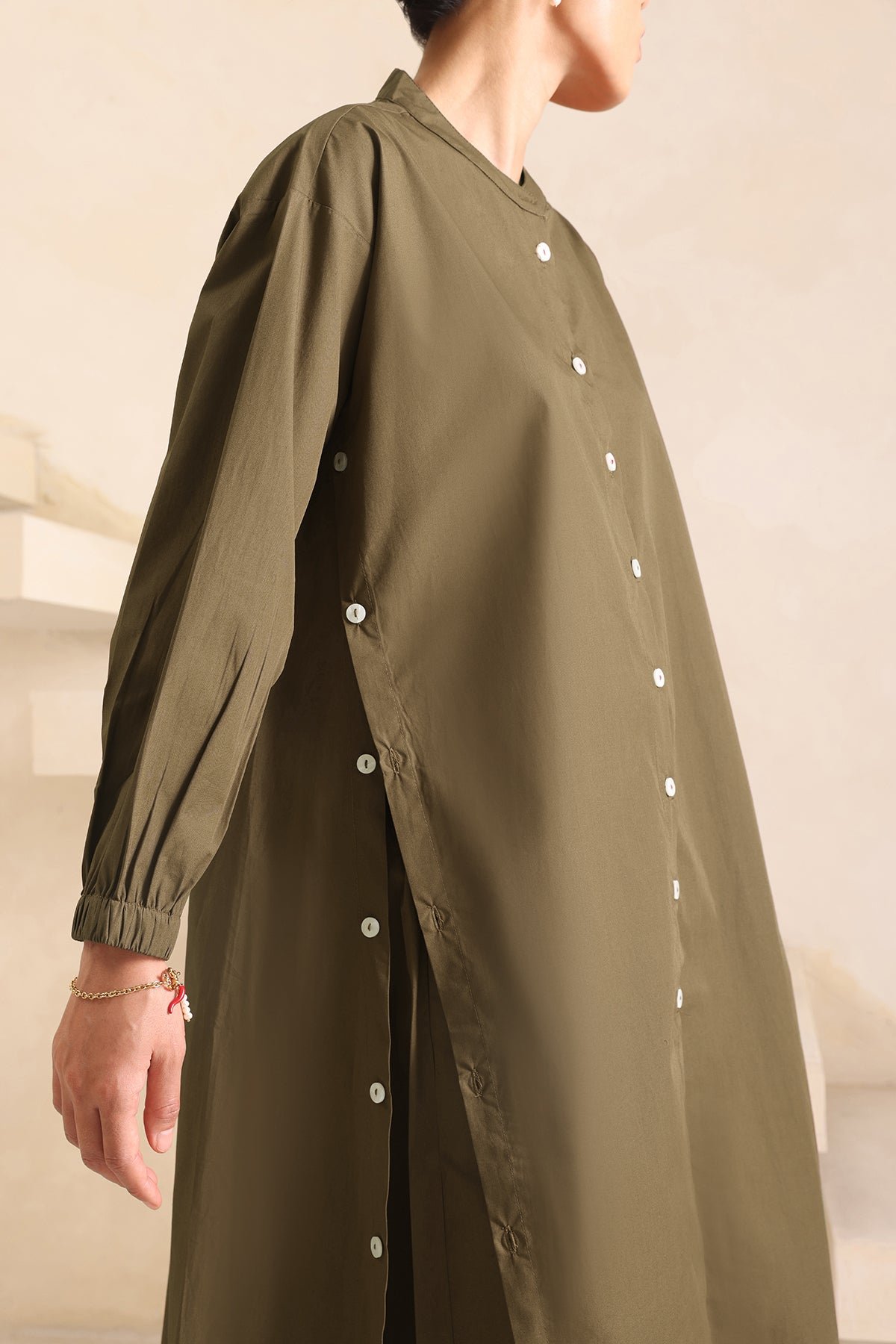 Olive Cotton Poplin Tunic and Pleated Wide-Leg Co-ord Set