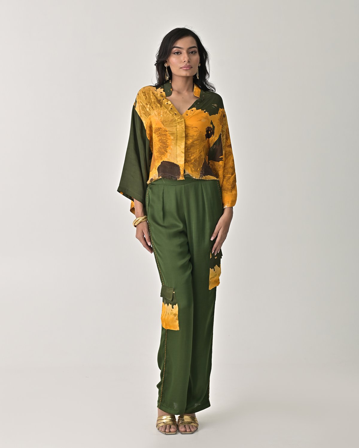 Olive Green Abstract Print Straight-Leg Cargo Trousers