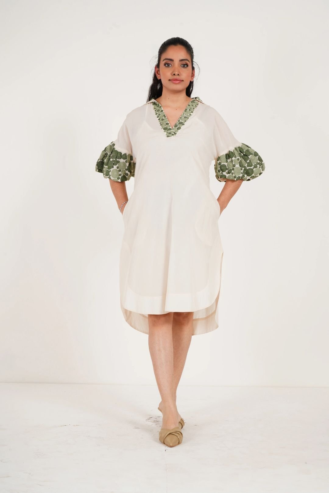 Off white Embroidered Balloon Long Dress