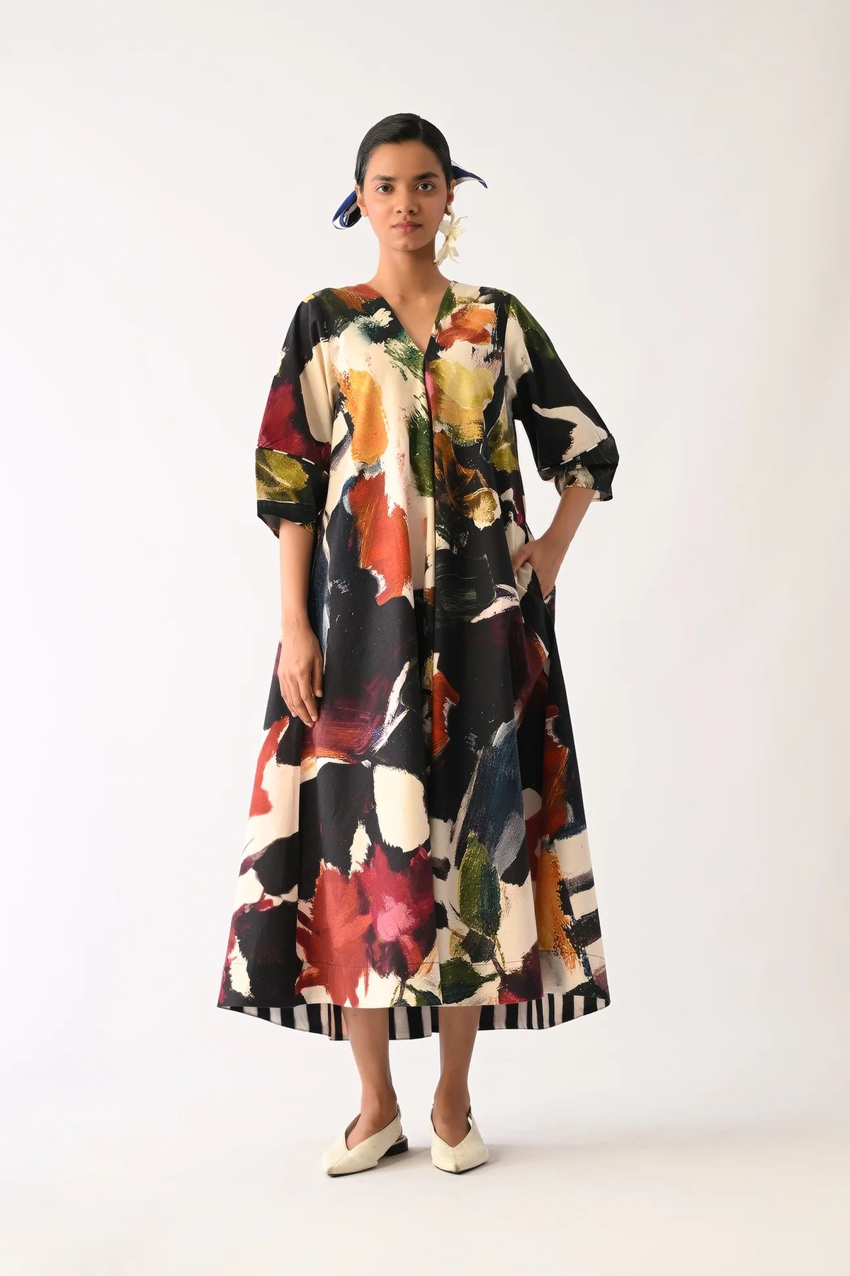 Multicolor Abstract Print A-Line Midi Cotton Dress