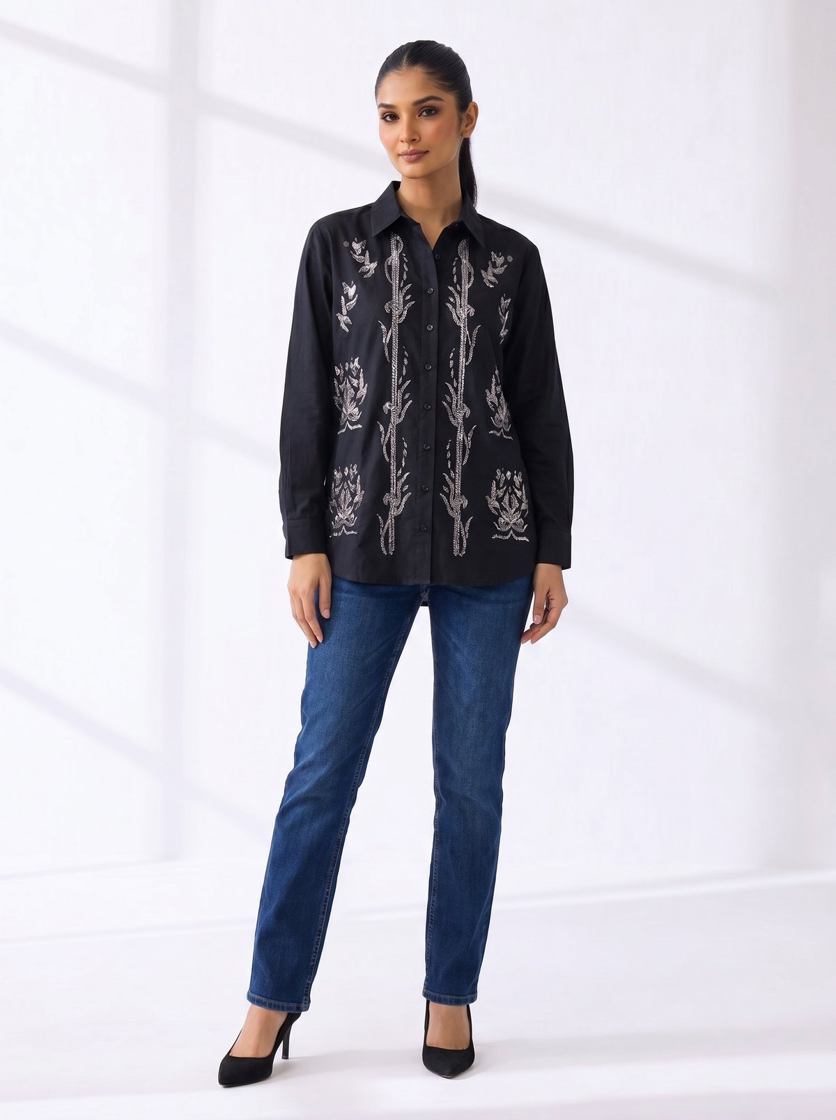 Black Linen Embroidered Button-Down Shirt
